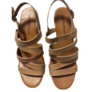 LUCKY BRAND Larinaa TAN  LEATHER Woodgrain Platform Wedge STRAPPY SANDALS Sz 8